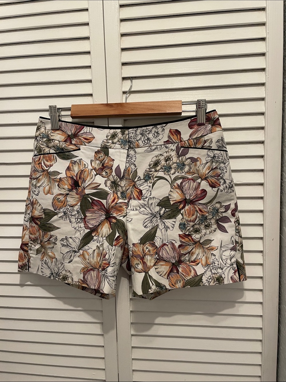 White House Black Market Floral Bermuda Shorts in White, Green & Brown